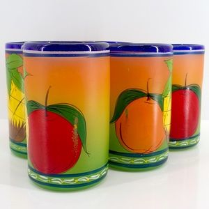 Tropical Glass Tumblers Set of 6 Hand Blown Painted Fruit Pineapple Peach Apple